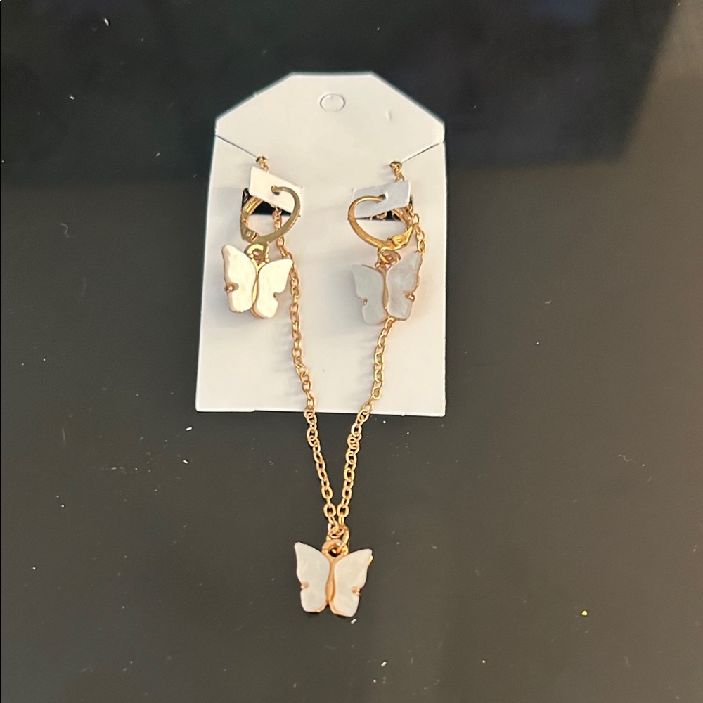 Gold Butterfly Drop Earrings - White Butterfly Accents